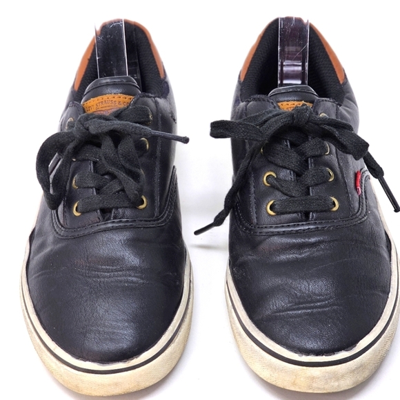 Levi’s Boys Logo Sneakers | Black Brown Red Faux Leather Low-Top Sz 4 - Picture 1 of 10